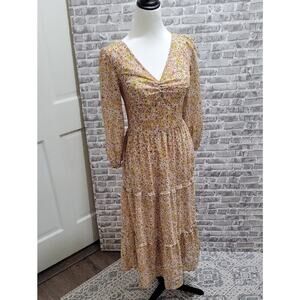 Sincerly Jules Yellow Floral V-Neck Tiered Maxi Prairie Dress, S, Elastic Sleeve